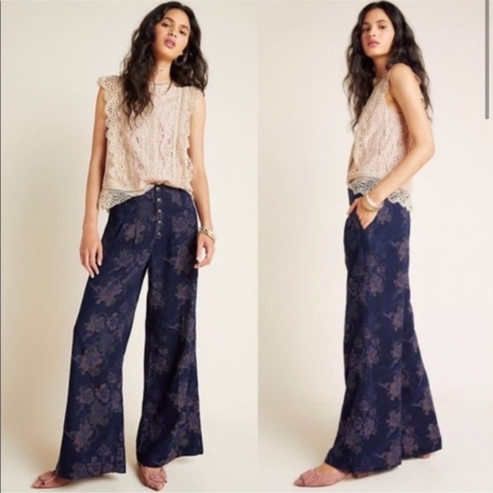ANTHROPOLOGIE PILCRO AND THE LETTERPRESS Purple Metallic Floral Wide-Leg Pants